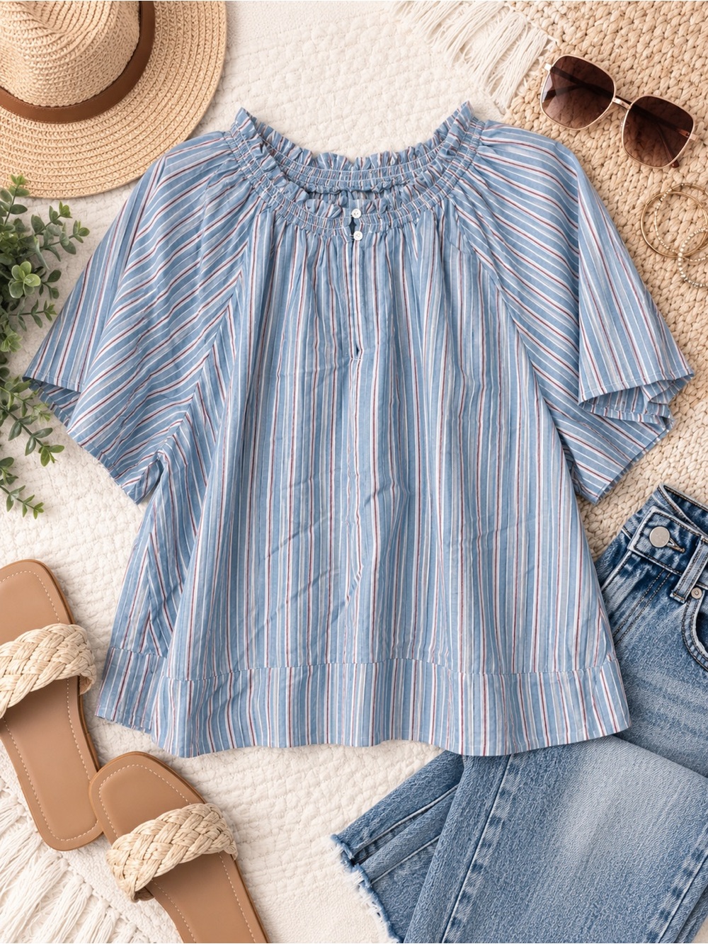 Striped Blue cotton Peasant Top